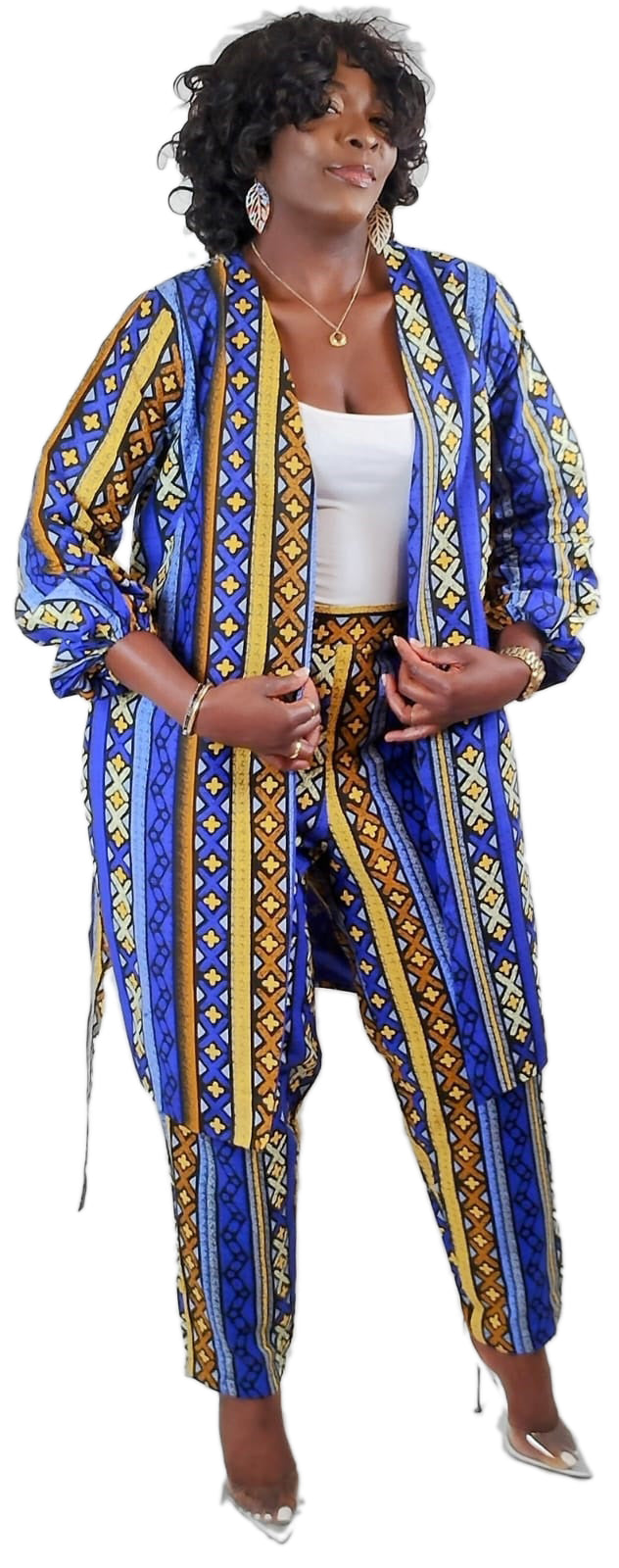 Belted Long Sleeve Jacket Kimono Style And Fitted High-Rise Ankle Pants African Print Uk Size 10 12 14