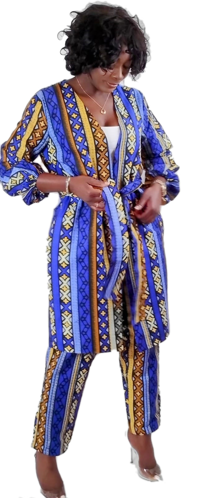 Belted Long Sleeve Jacket Kimono Style And Fitted High-Rise Ankle Pants African Print Uk Size 10 12 14