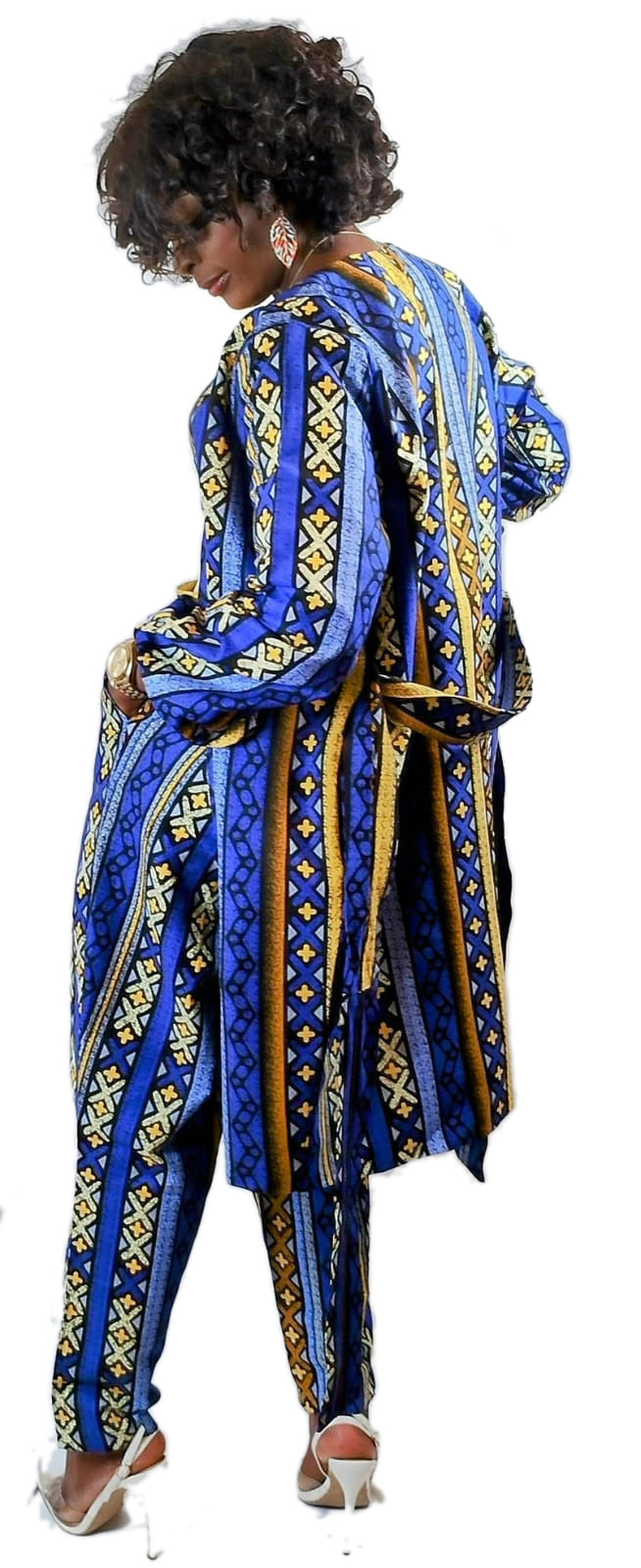 Belted Long Sleeve Jacket Kimono Style And Fitted High-Rise Ankle Pants African Print Uk Size 10 12 14