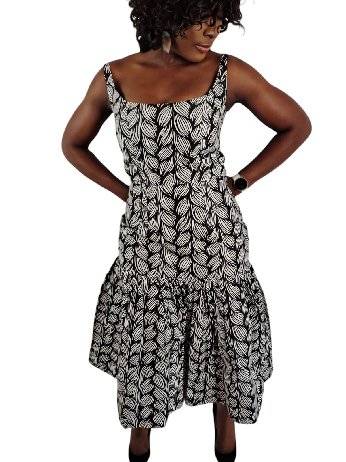 Deep Square Neck Fit Flare Black and White African Print dress