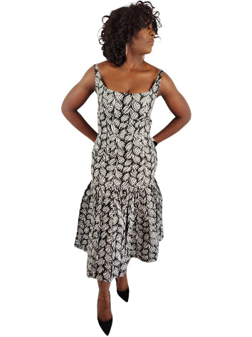 Deep Square Neck Fit Flare Black and White African Print dress