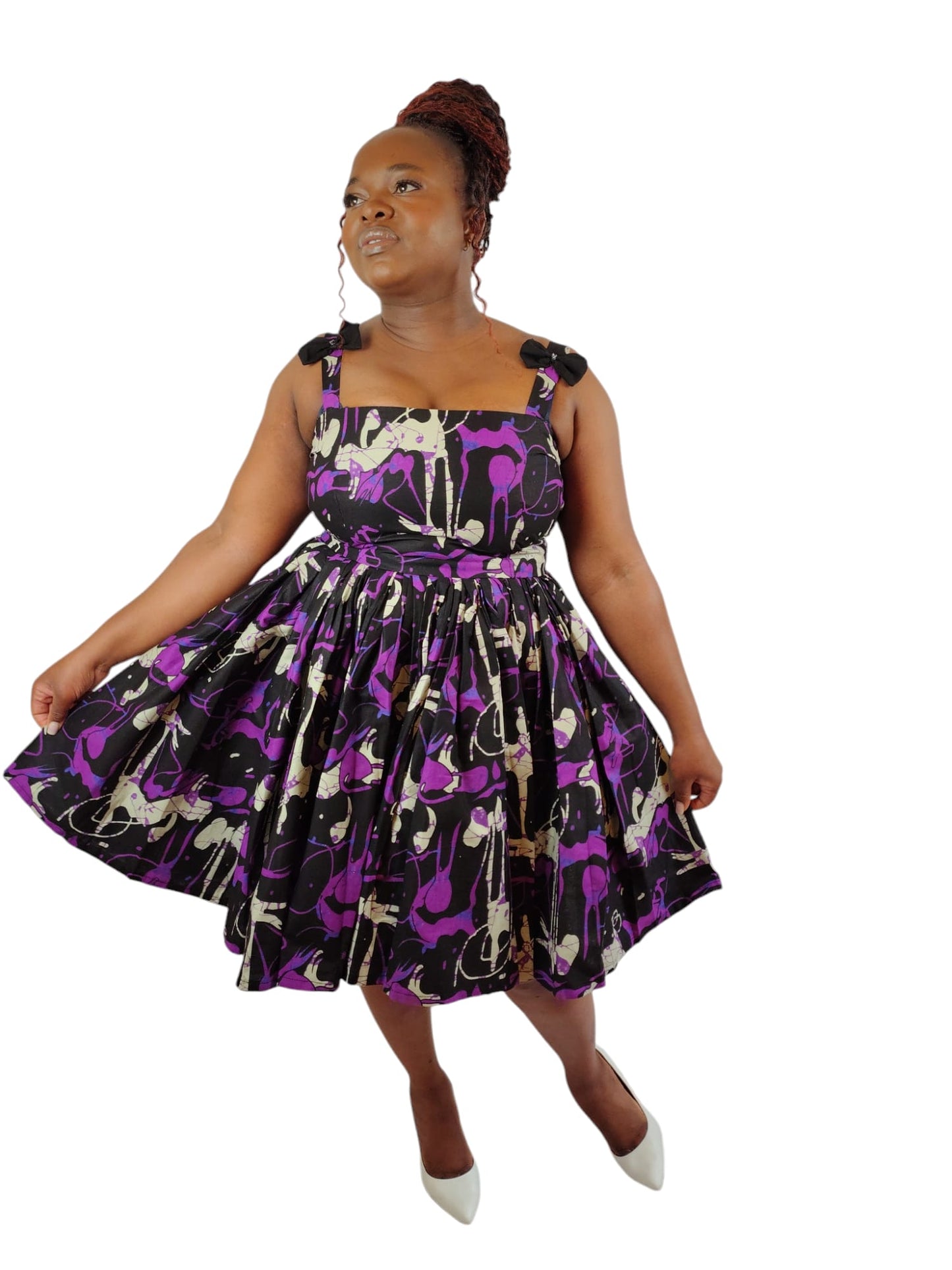 Floral Fit Flare Shoulder Bow African Dress. Uk Size 14-16