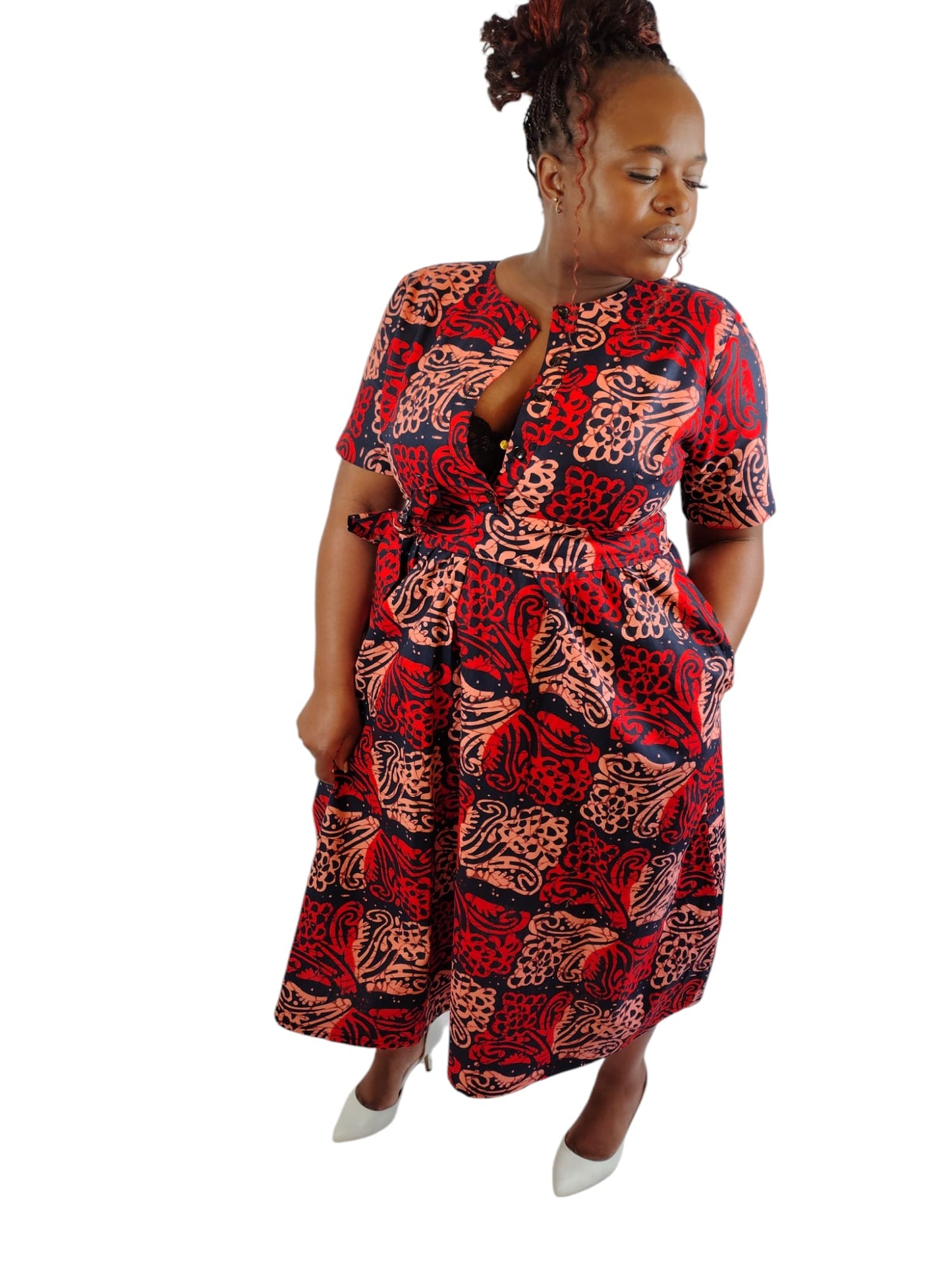 Floral Fit Flare African Print Midi Dress Uk Size 8-10-12-14