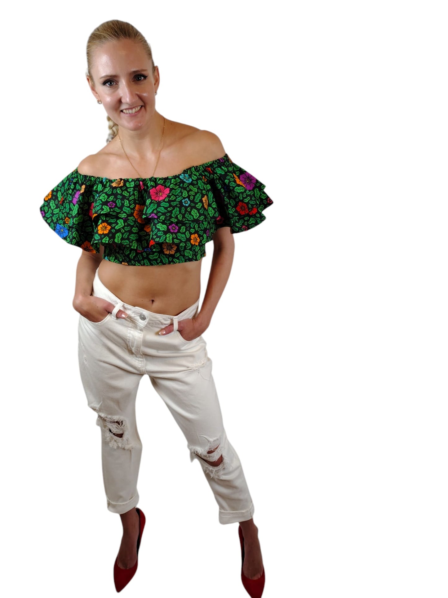 Off Shoulder Floral Cropped Top Uk Size 6 8 10