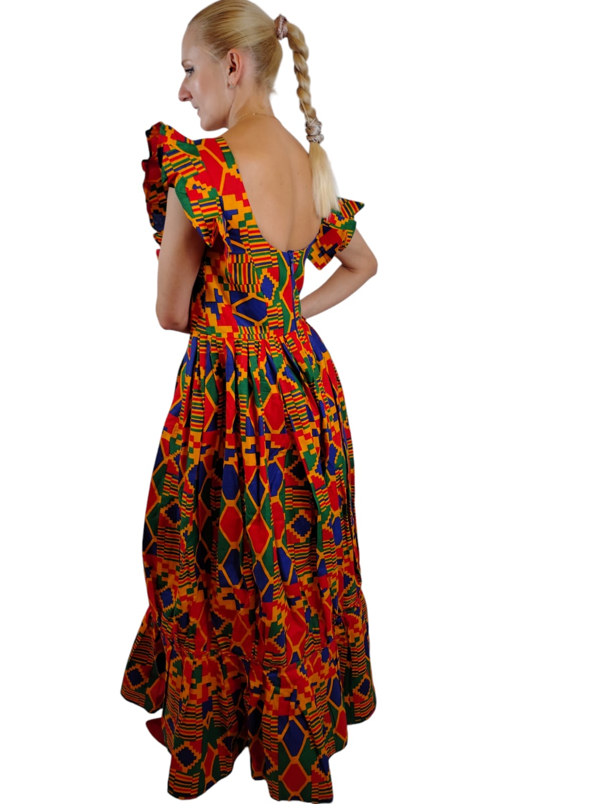 Ruffle Short Sleeve Multicolor Kente Maxi Dress African Print Uk Size 6-8