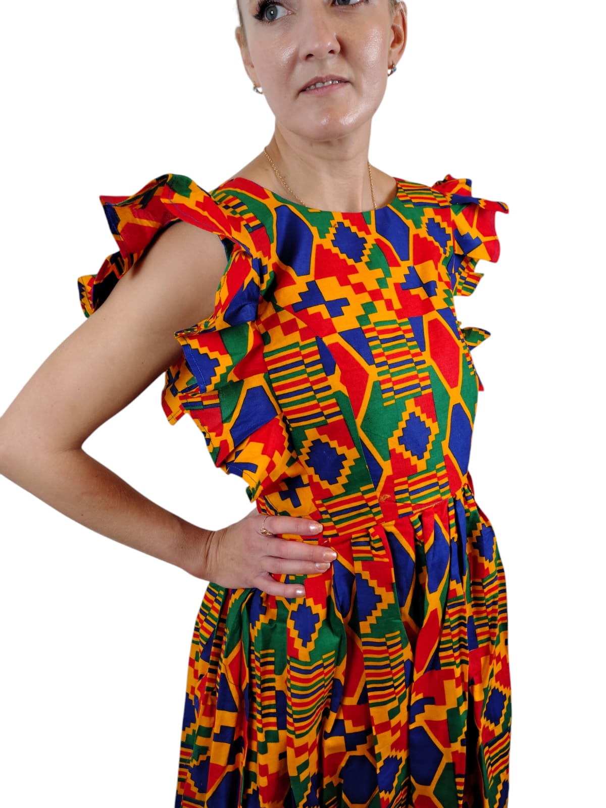 Ruffle Short Sleeve Multicolor Kente Maxi Dress African Print Uk Size 6-8