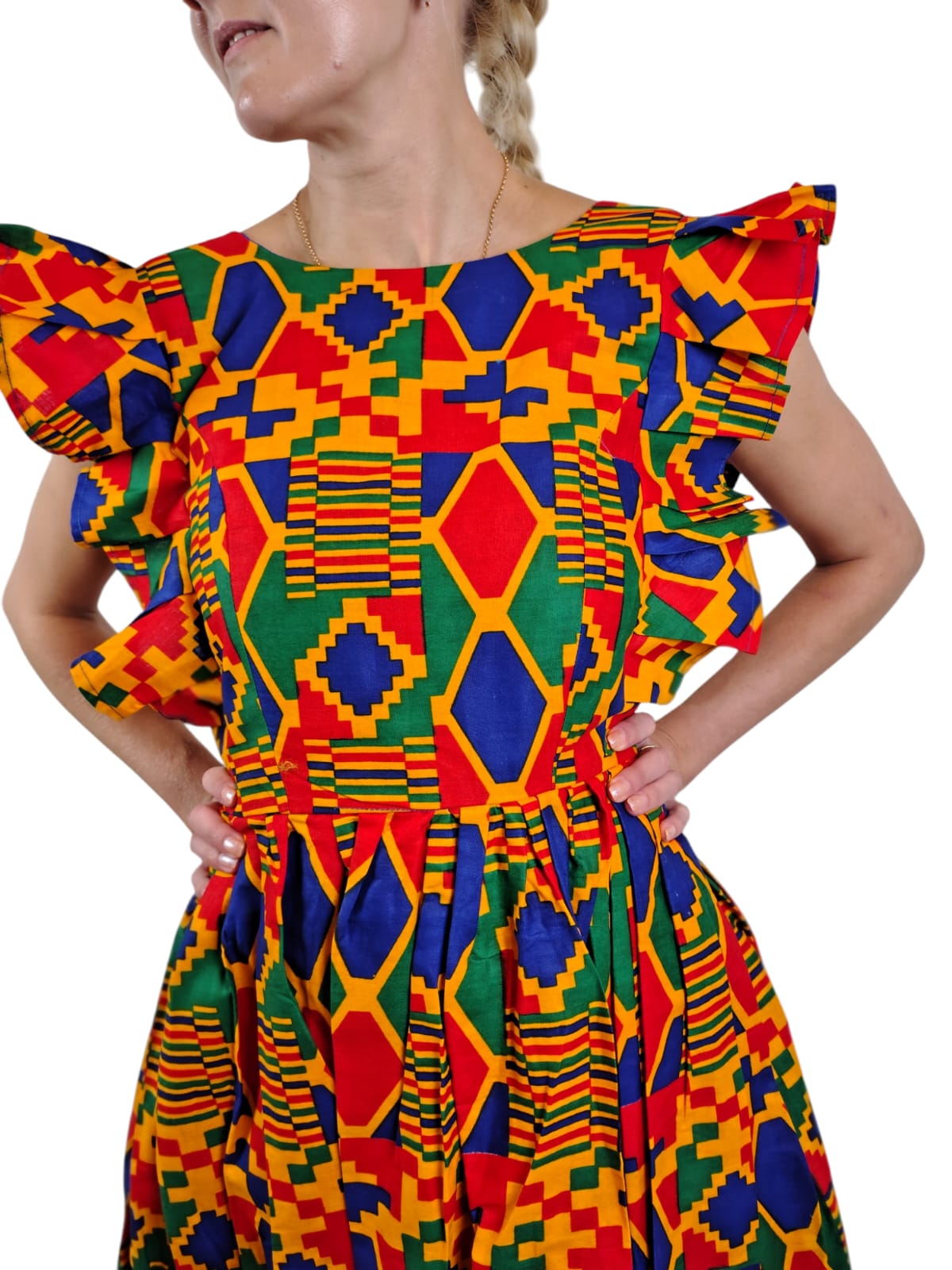 Ruffle Short Sleeve Multicolor Kente Maxi Dress African Print Uk Size 6-8