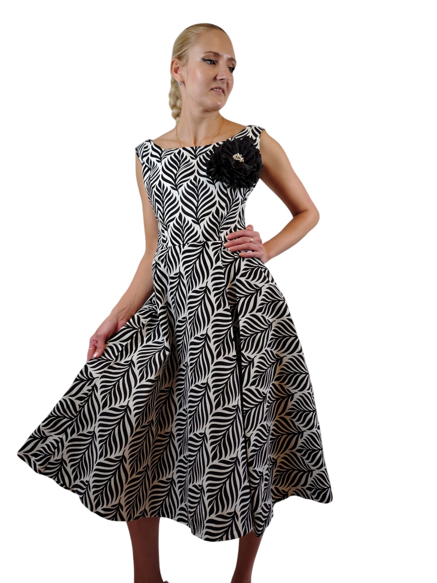 Black And White African Print Floral Bow Midi Dress UK Size 6-8-10