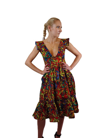 Deep V-Neck Foral Fit Flare African Print Dress Uk Size 8-10-12