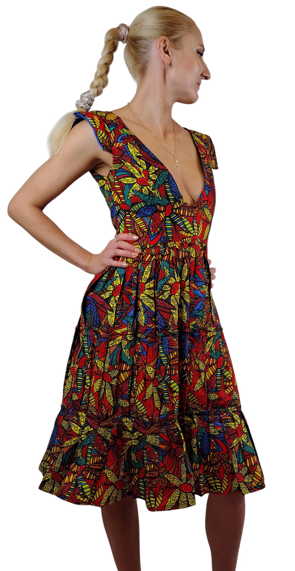 Deep V-Neck Foral Fit Flare African Print Dress Uk Size 8-10-12