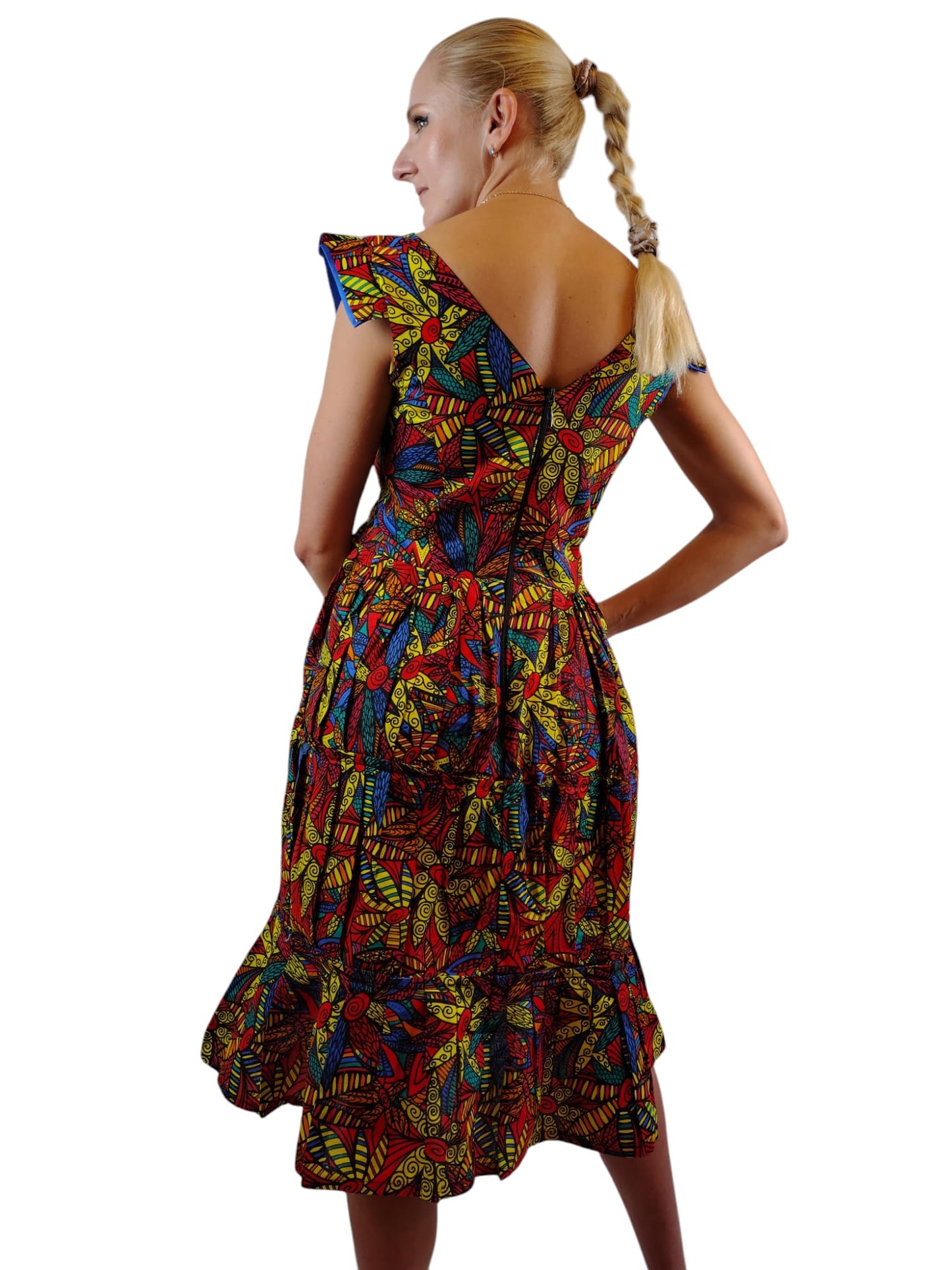 Deep V-Neck Foral Fit Flare African Print Dress Uk Size 8-10-12