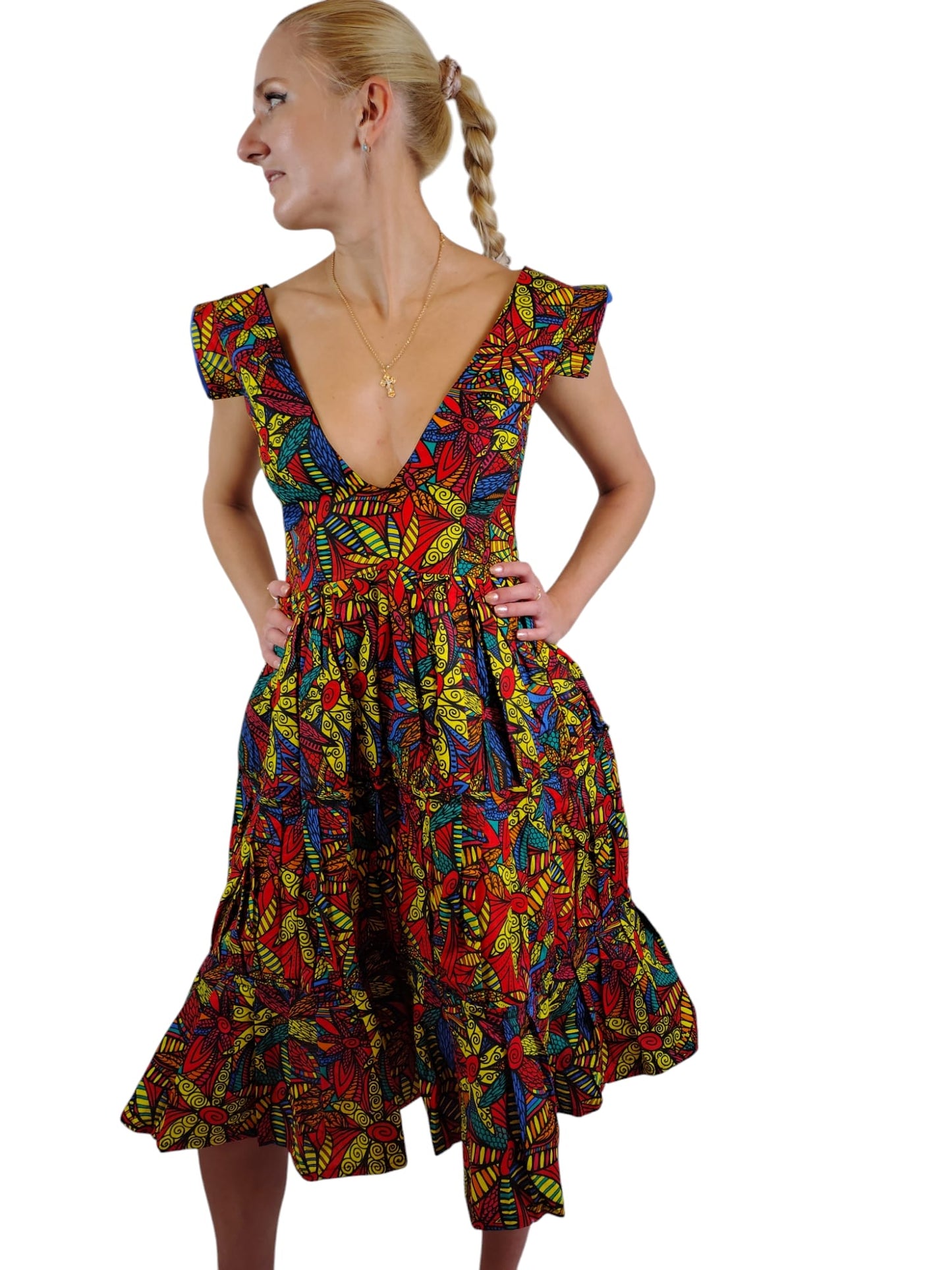 Deep V-Neck Foral Fit Flare African Print Dress Uk Size 8-10-12