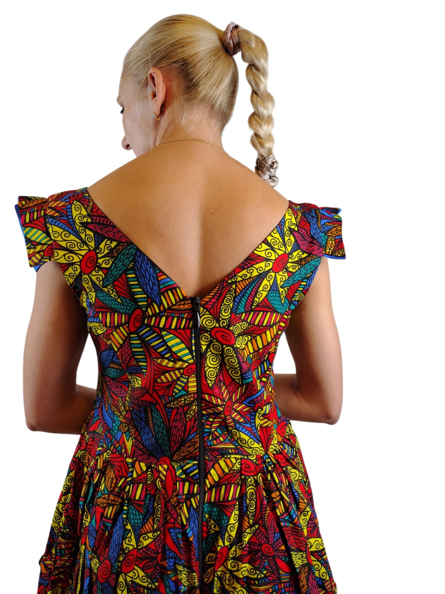 Deep V-Neck Foral Fit Flare African Print Dress Uk Size 8-10-12