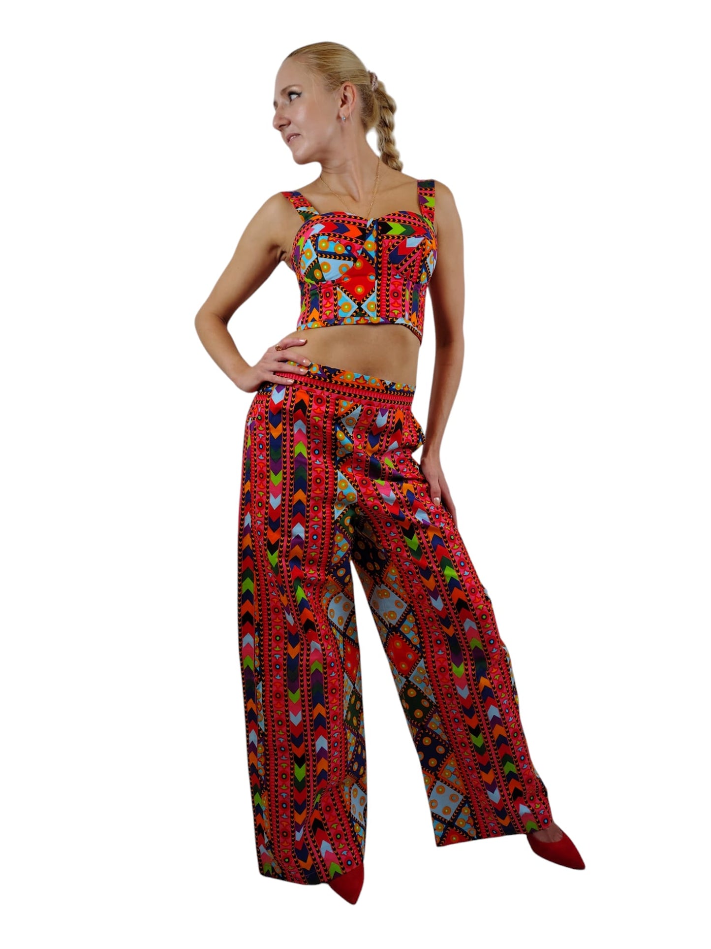 Flora Corset Cropped Top And Matching Mid-Rise Flare Pants, 2pcs African Print Uk Size 6-8