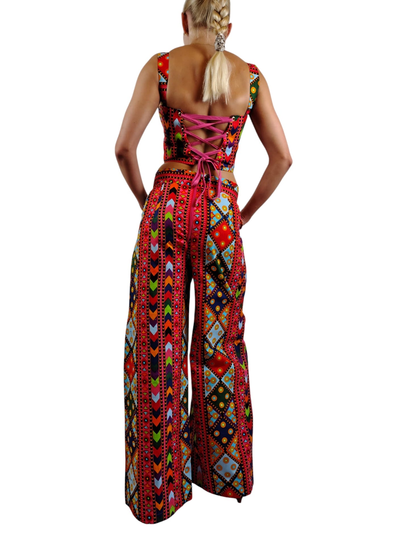 Flora Corset Cropped Top And Matching Mid-Rise Flare Pants, 2pcs African Print Uk Size 6-8