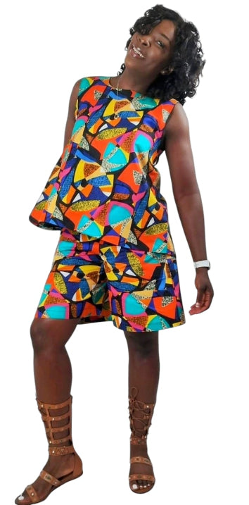 Vibrant Multicolor 2-Piece Top And Matching Shorts African Print Uk Size 10-12