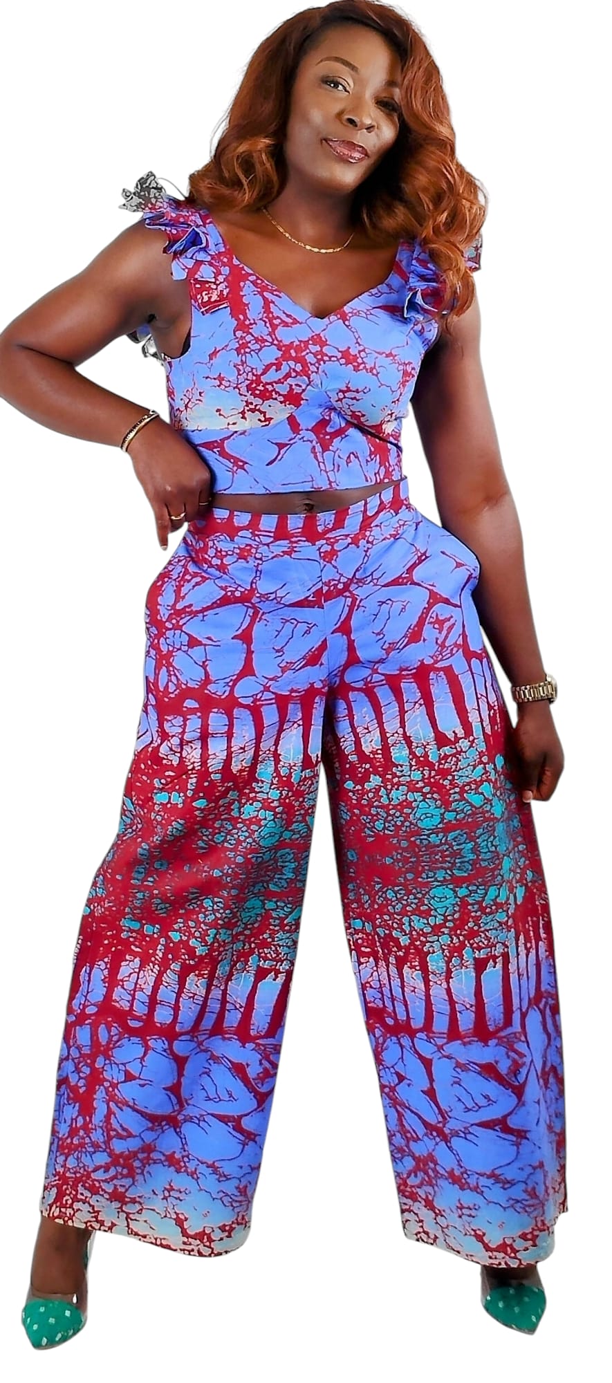 Flutter Short Sleeve Cropped Top And Matching Flare Pants 2-Piece African Print Uk Size 8-10