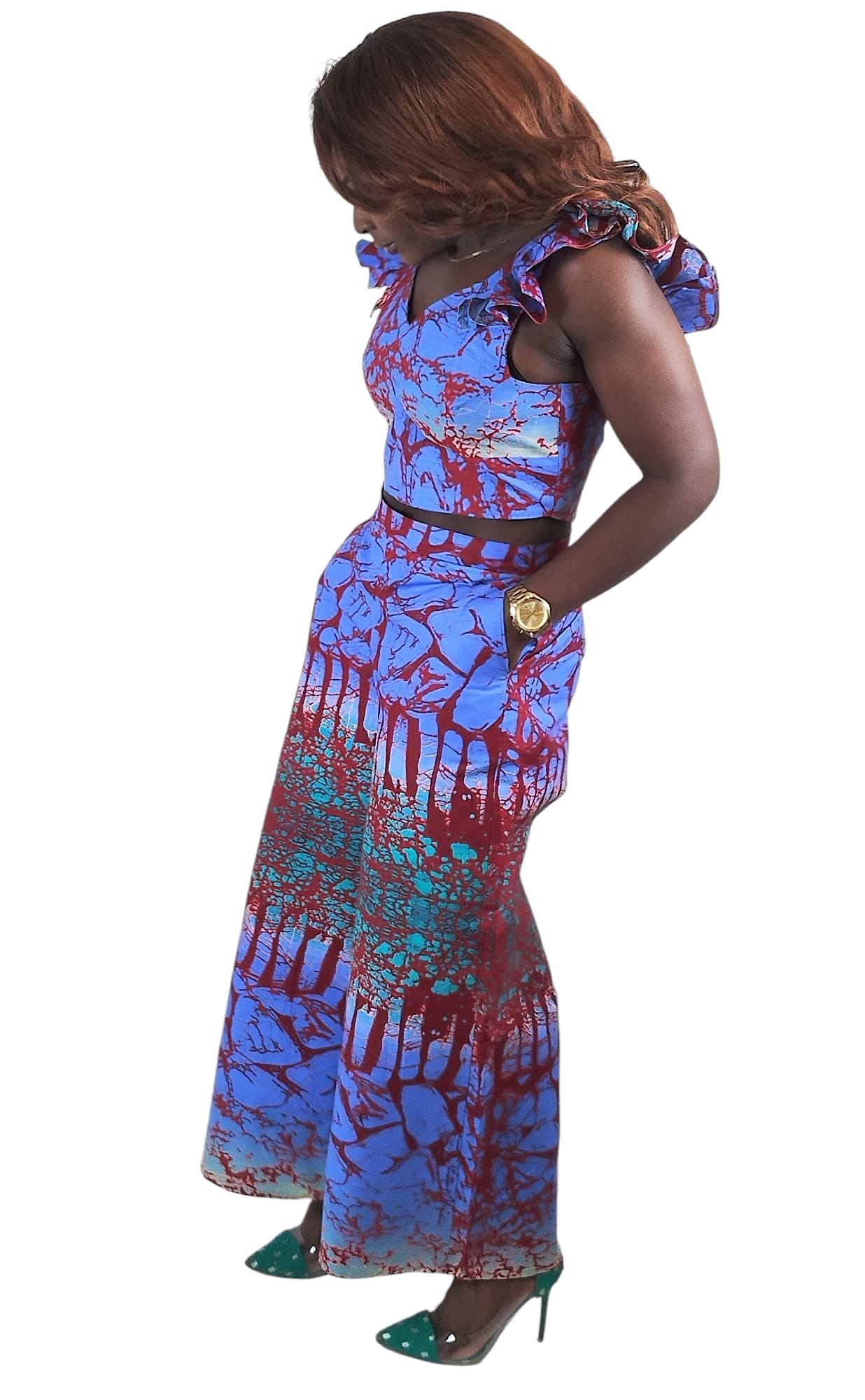 Flutter Short Sleeve Cropped Top And Matching Flare Pants 2-Piece African Print Uk Size 8-10