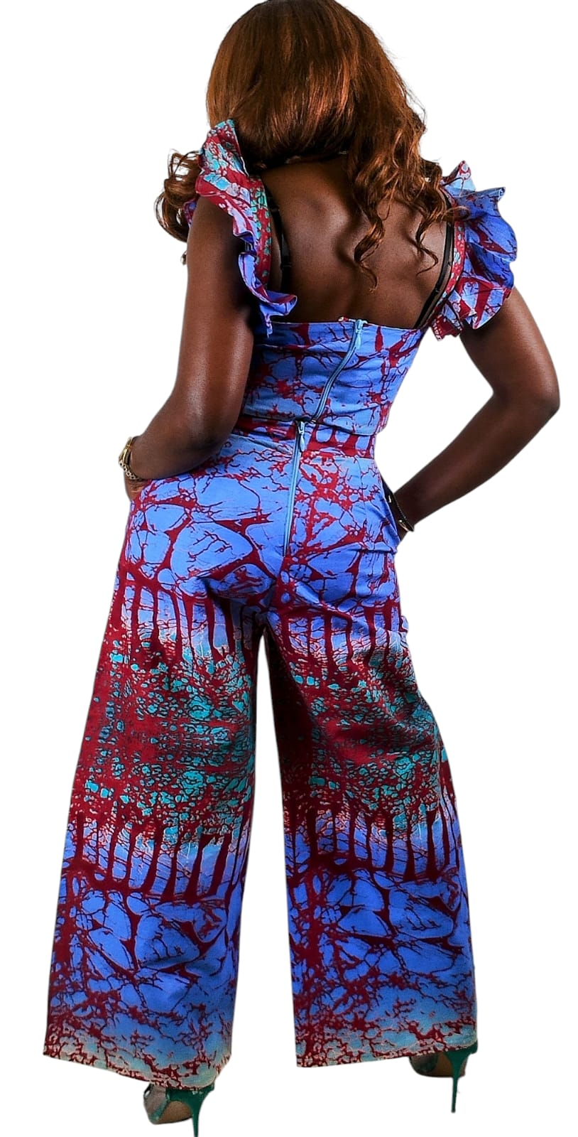 Flutter Short Sleeve Cropped Top And Matching Flare Pants 2-Piece African Print Uk Size 8-10