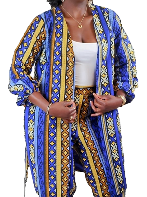 Belted Long Sleeve Jacket Kimono Style And Fitted High-Rise Ankle Pants African Print Uk Size 10 12 14
