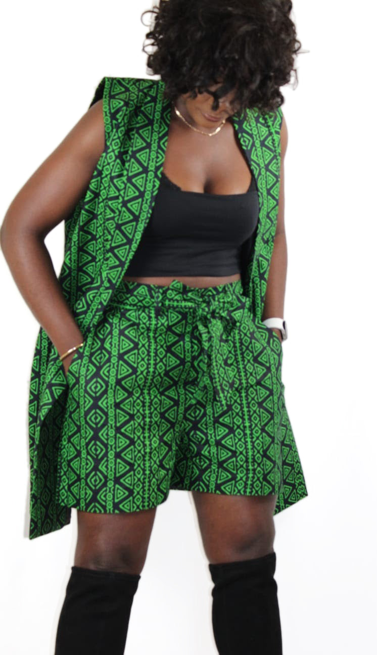2-Piece Set Sleeveless Blazer And Belted Shorts Pants African Print Uk Size 8-10-12