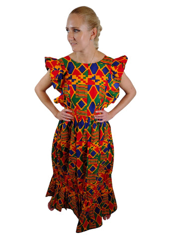 Ruffle Short Sleeve Multicolor Kente Maxi Dress African Print Uk Size 6-8