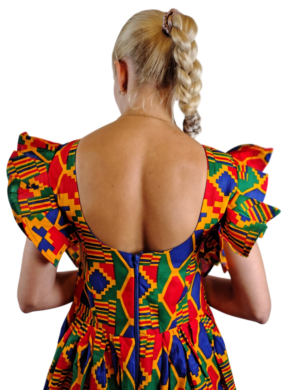 Ruffle Short Sleeve Multicolor Kente Maxi Dress African Print Uk Size 6-8