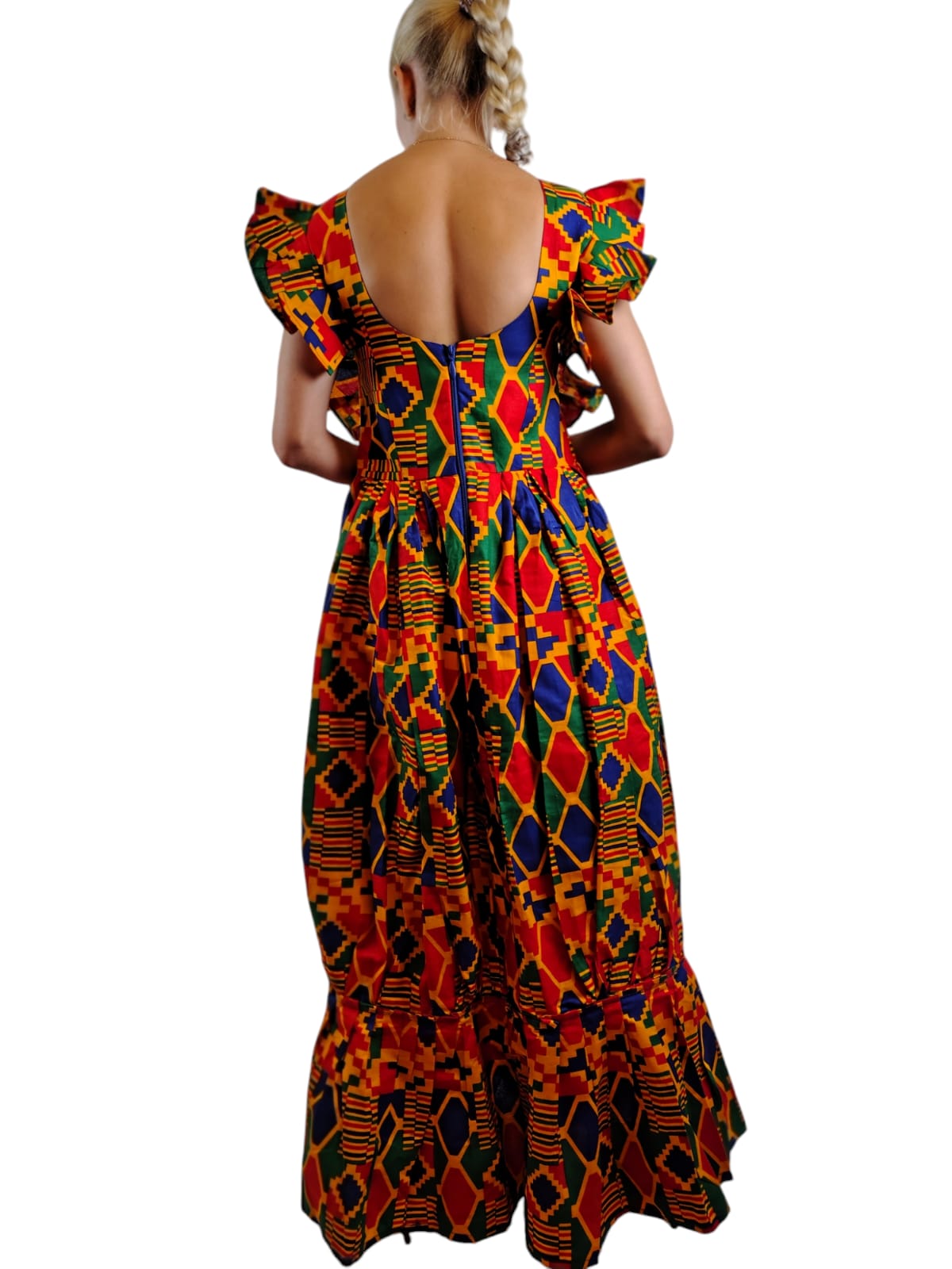 Ruffle Short Sleeve Multicolor Kente Maxi Dress African Print Uk Size 6-8