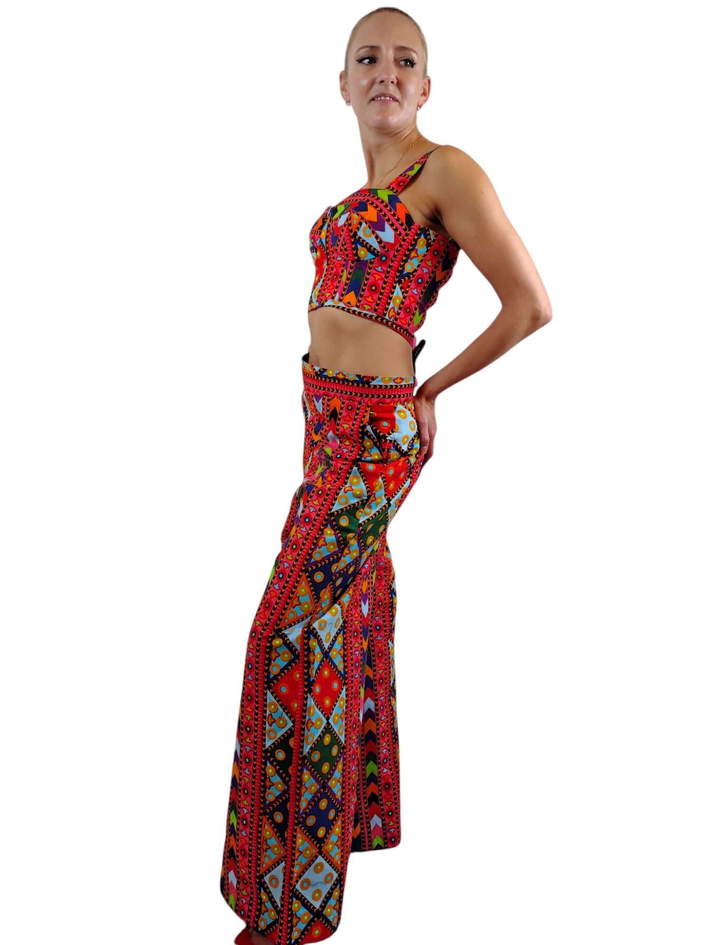 Flora Corset Cropped Top And  Matching Mid-Rise Flare Pants, 2pcs African Print Uk Size 6-8