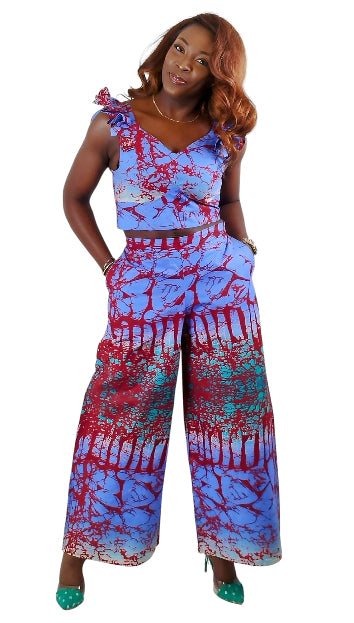 Flutter Short Sleeve Cropped Top And Matching Flare Pants 2-Piece African Print Uk Size 8-10