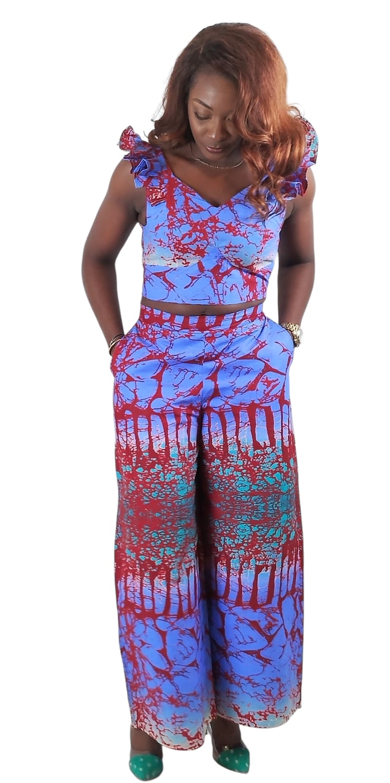 Flutter Short Sleeve Cropped Top And Matching Flare Pants 2-Piece African Print Uk Size 8-10