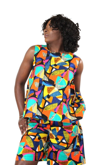 Vibrant Multicolor 2-Piece Top And Matching Shorts African Print Uk Size 10-12
